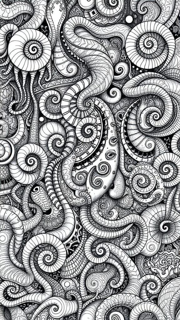Intricate Black Fine-Liner Doodles with Organic Forms