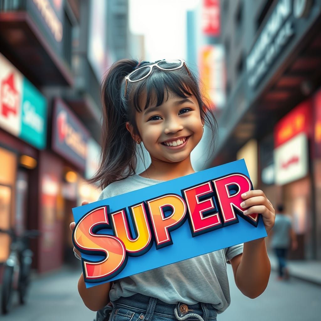 girl with a sign. with the description "Super"