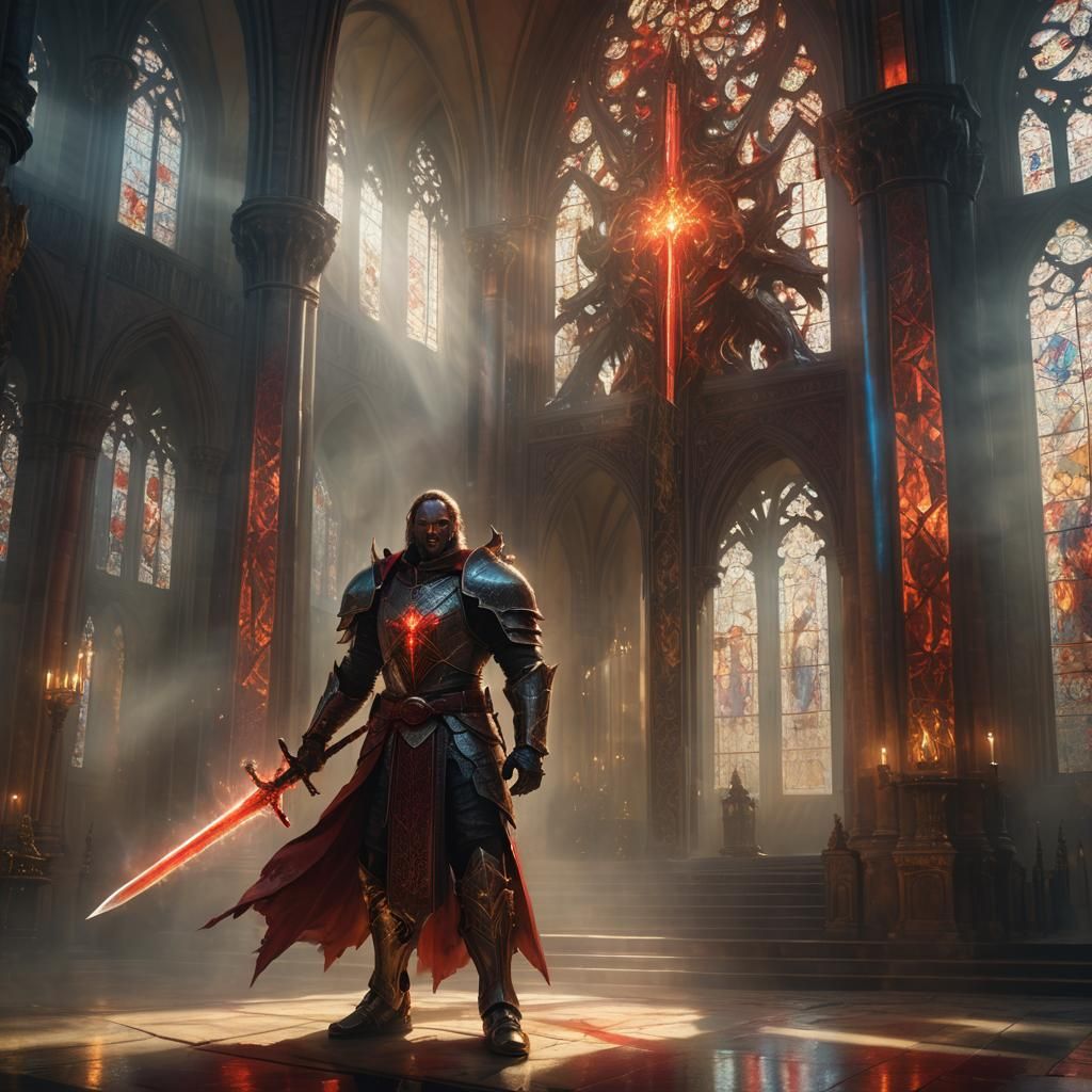 Hyper-realistic handsome paladin holding a red glowing intri...