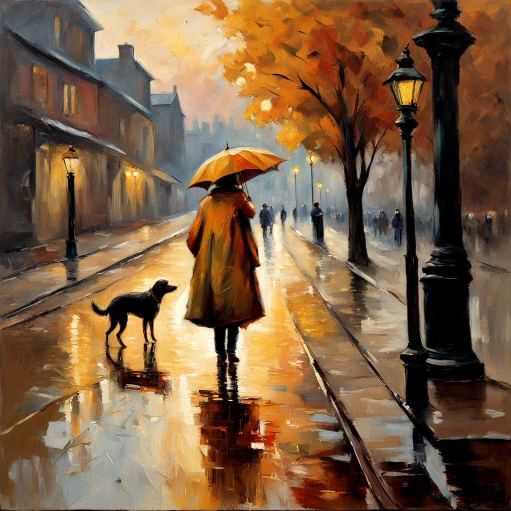 Impressionist Street Scene at Night: Beggar Woman and Shabby...