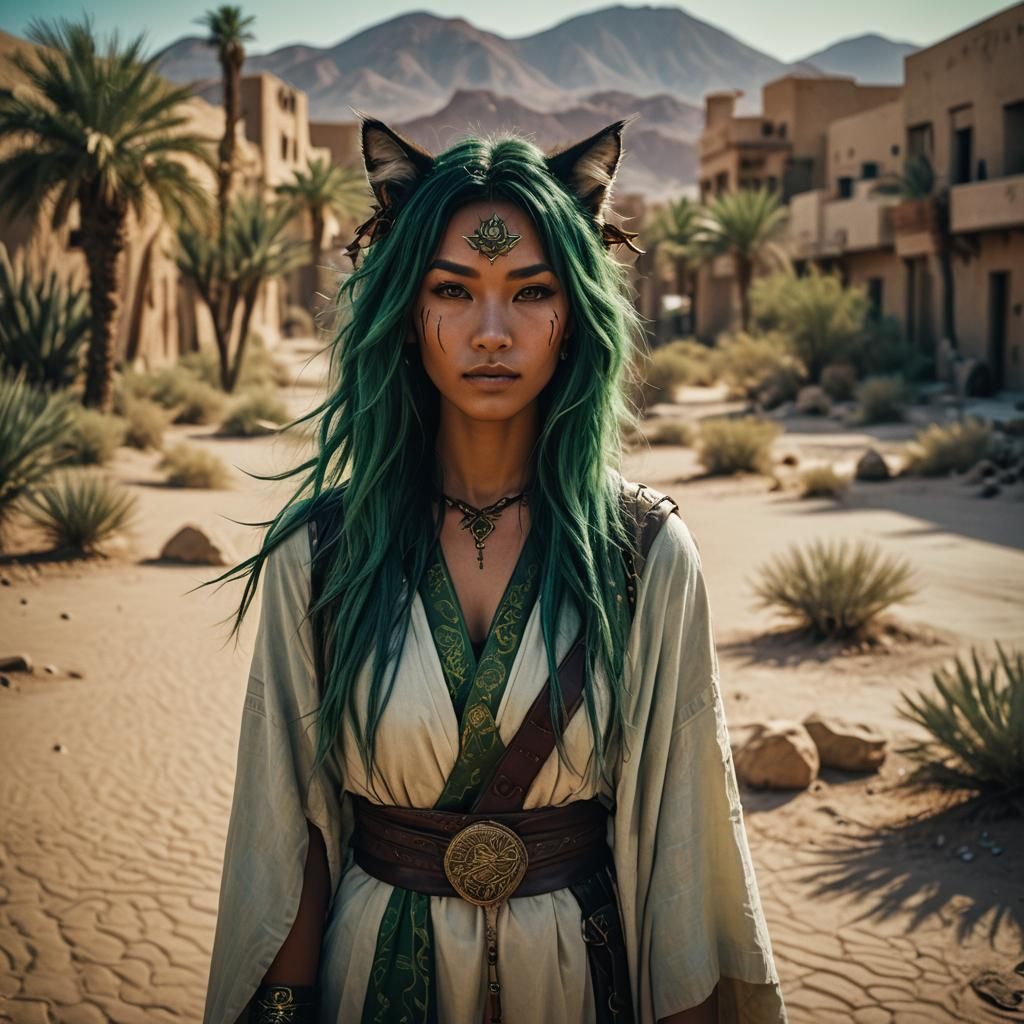A catgirl druid with living in the desert city.