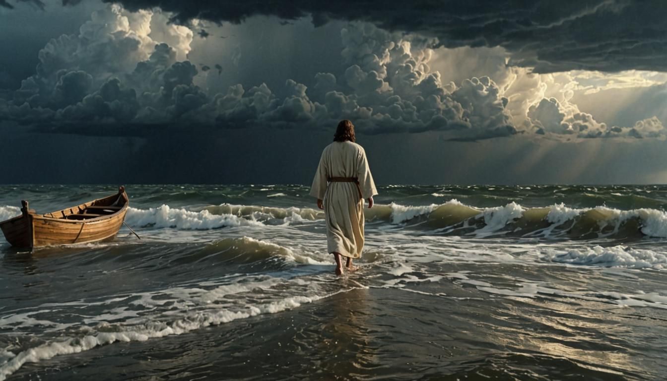 Jesus Walks on Water: A Cinematic Film Still