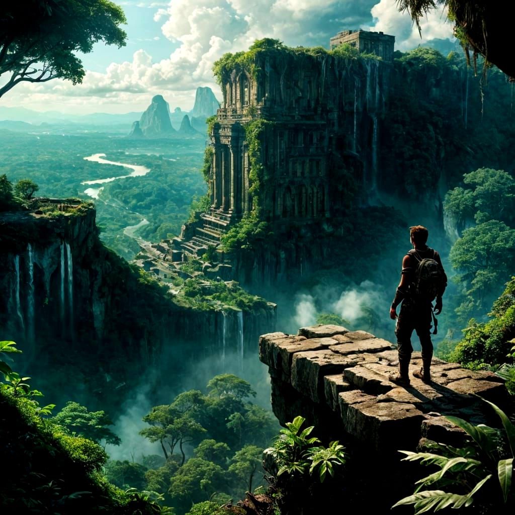 Adventurer Views Lost Civilization Ruins in Jungle Clearing