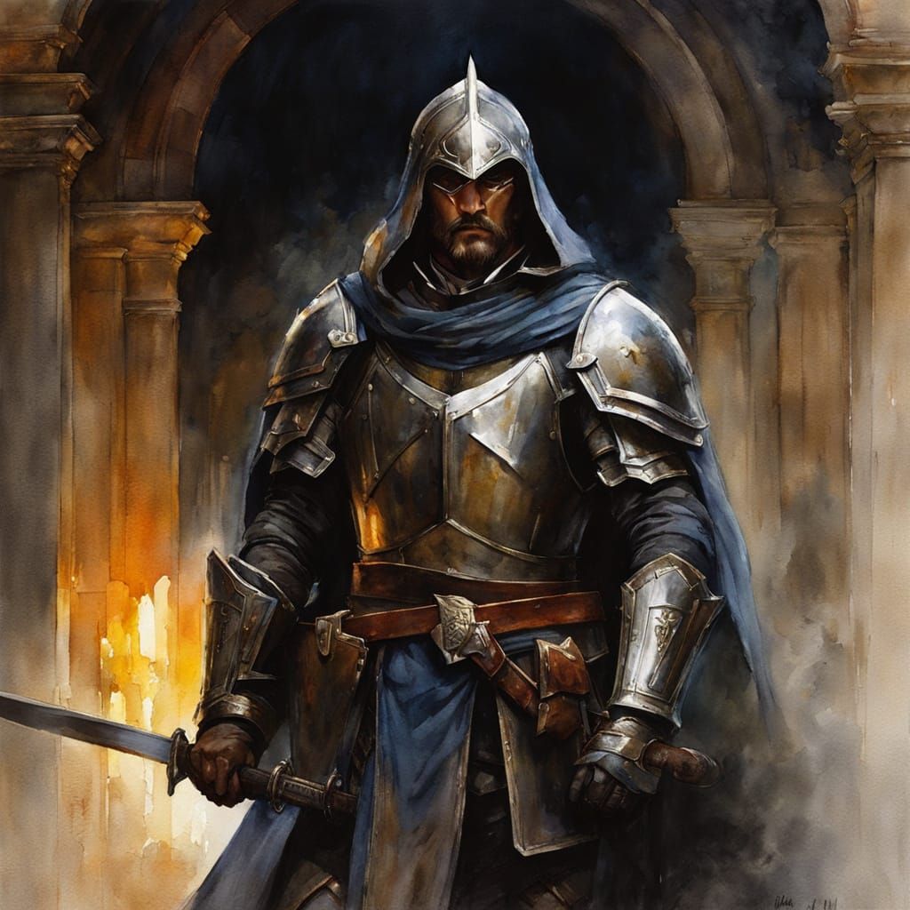 Paladin in Watercolor Chiaroscuro Style