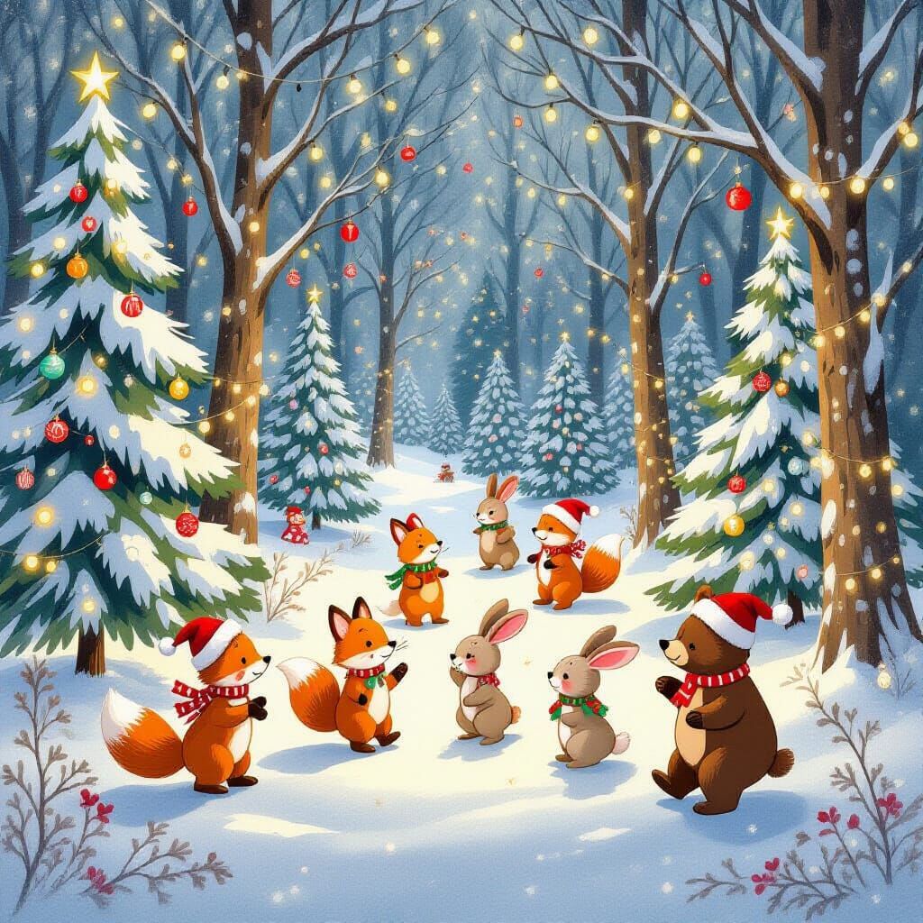 Whimsical Christmas Forest with Dancing Animals in Storybook...