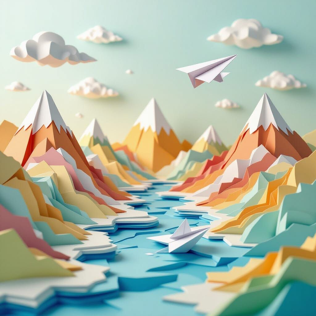 Whimsical Paper World 3D Render with Paper Airplane