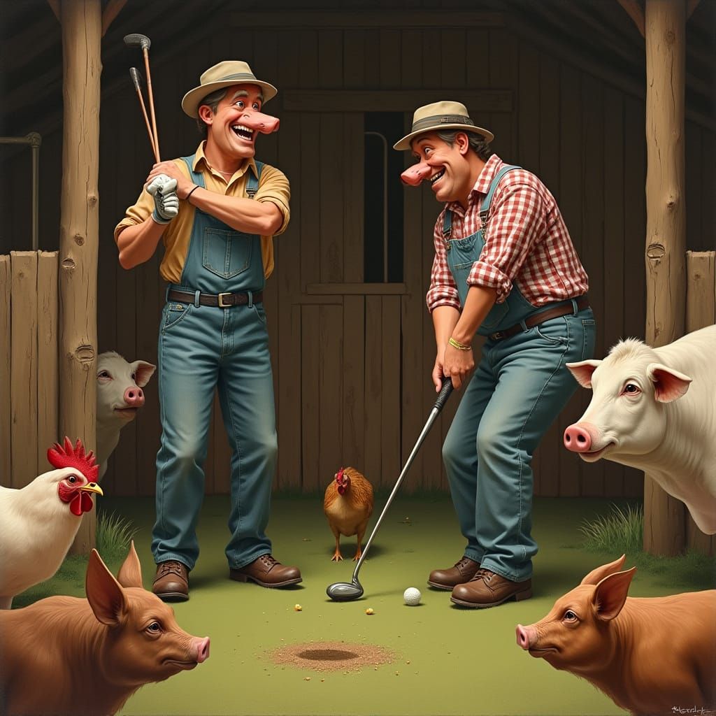 Humorous Farmers Play Golf in Barnyard Simulator