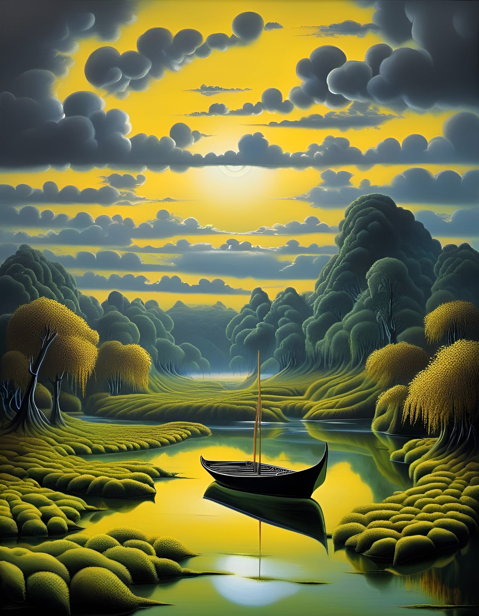 Surreal Boat on Swamp Painting with Dark Street