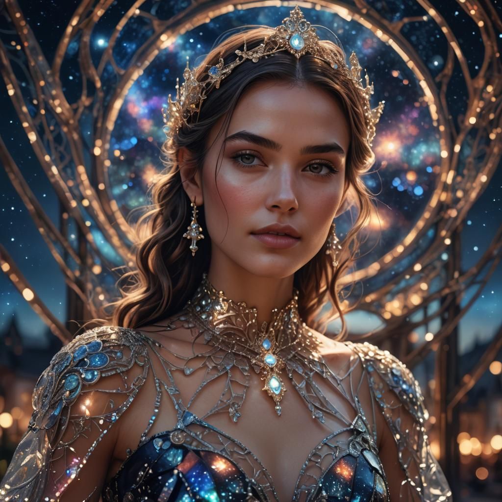 Woman in Glass Dress Under Night Sky