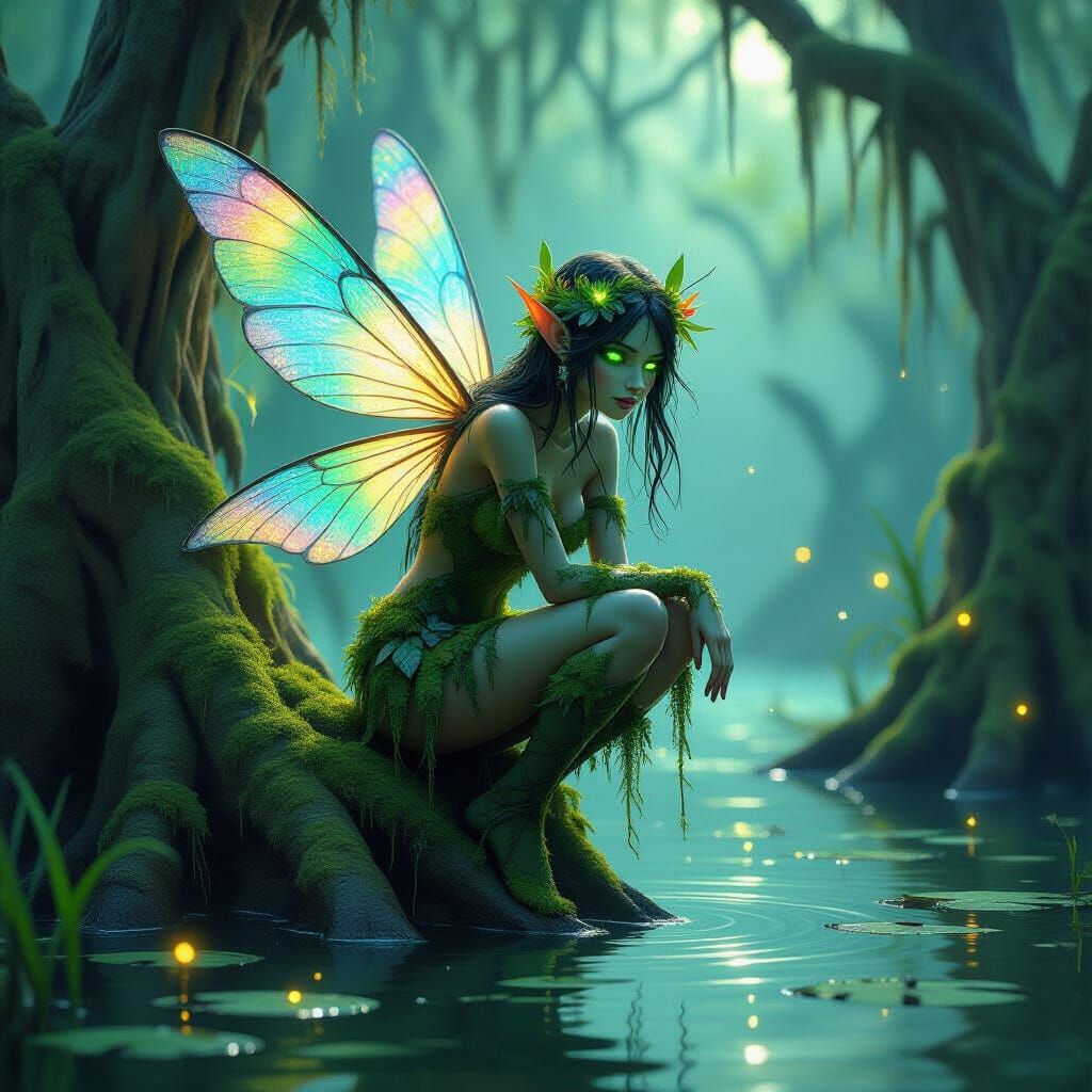 Swamp Fairy with Dragonfly Wings in Fantasy Landscape
