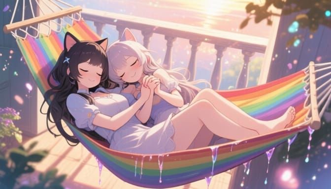 Fantasy Anime Catgirls Sleeping in Hammock