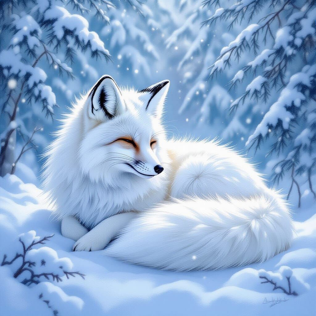 Snow Fox Resting in Ethereal Forest