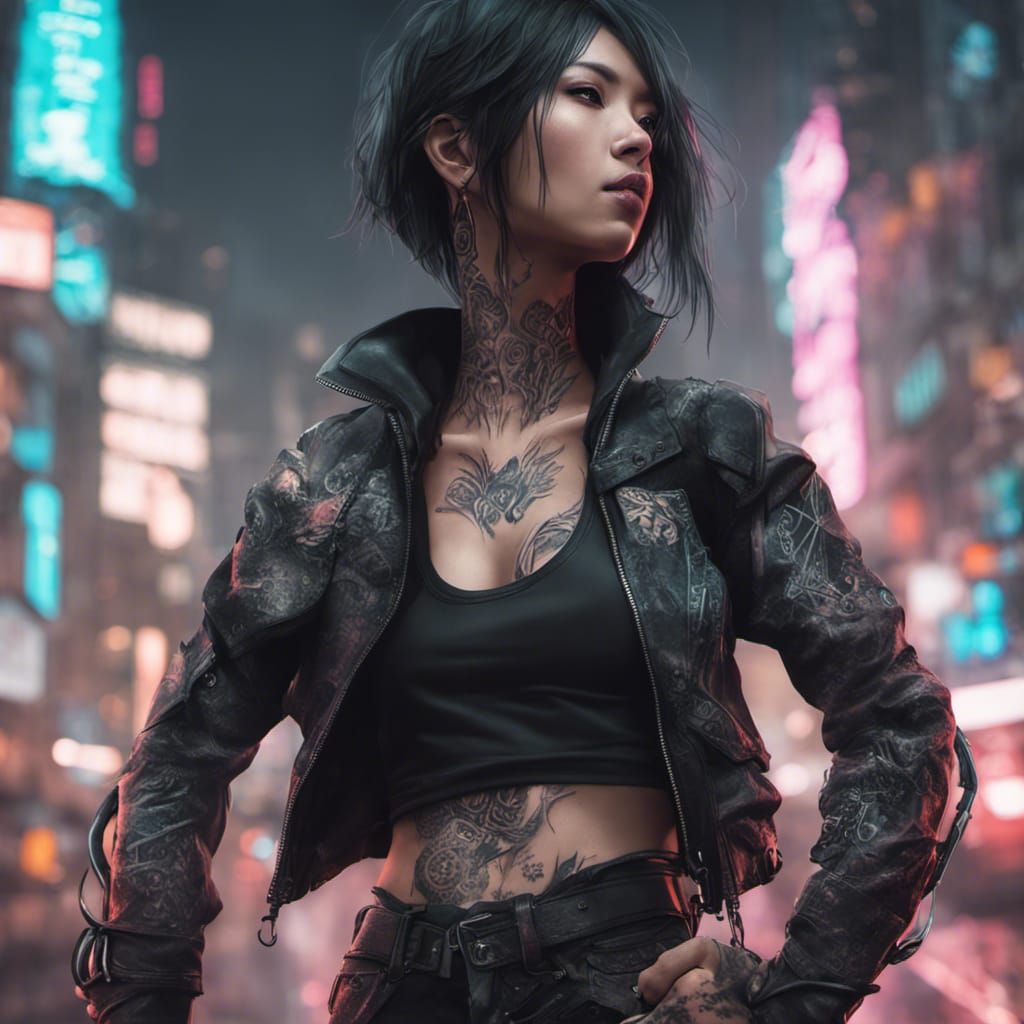 Cyberpunk Tattooed Woman Gazing at Neon City
