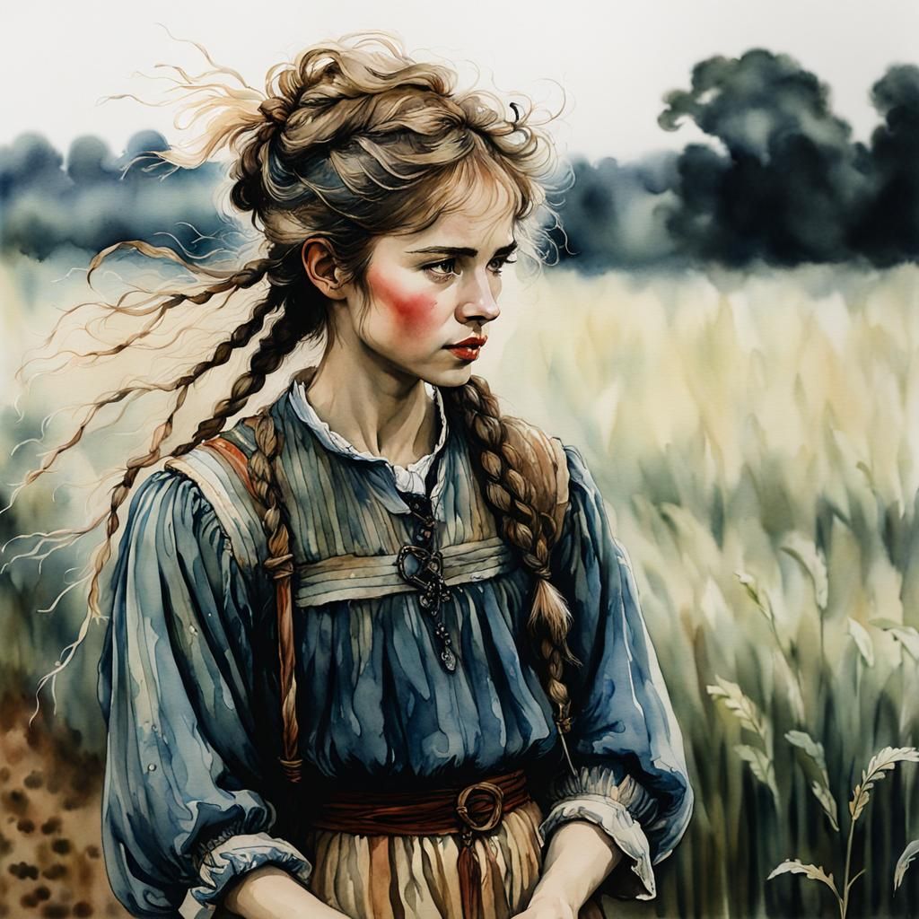 Peasant Woman in Field: Watercolor Storybook Portrait