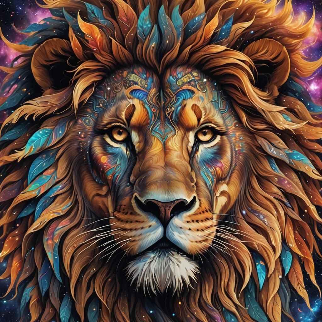 Cosmic Lion in Astral Stained Glass Style