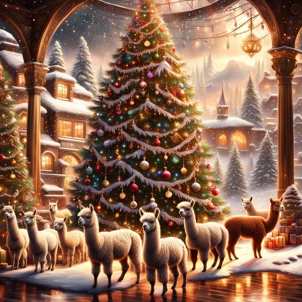 Alpacas Decorating a Christmas Tree: Digital Painting