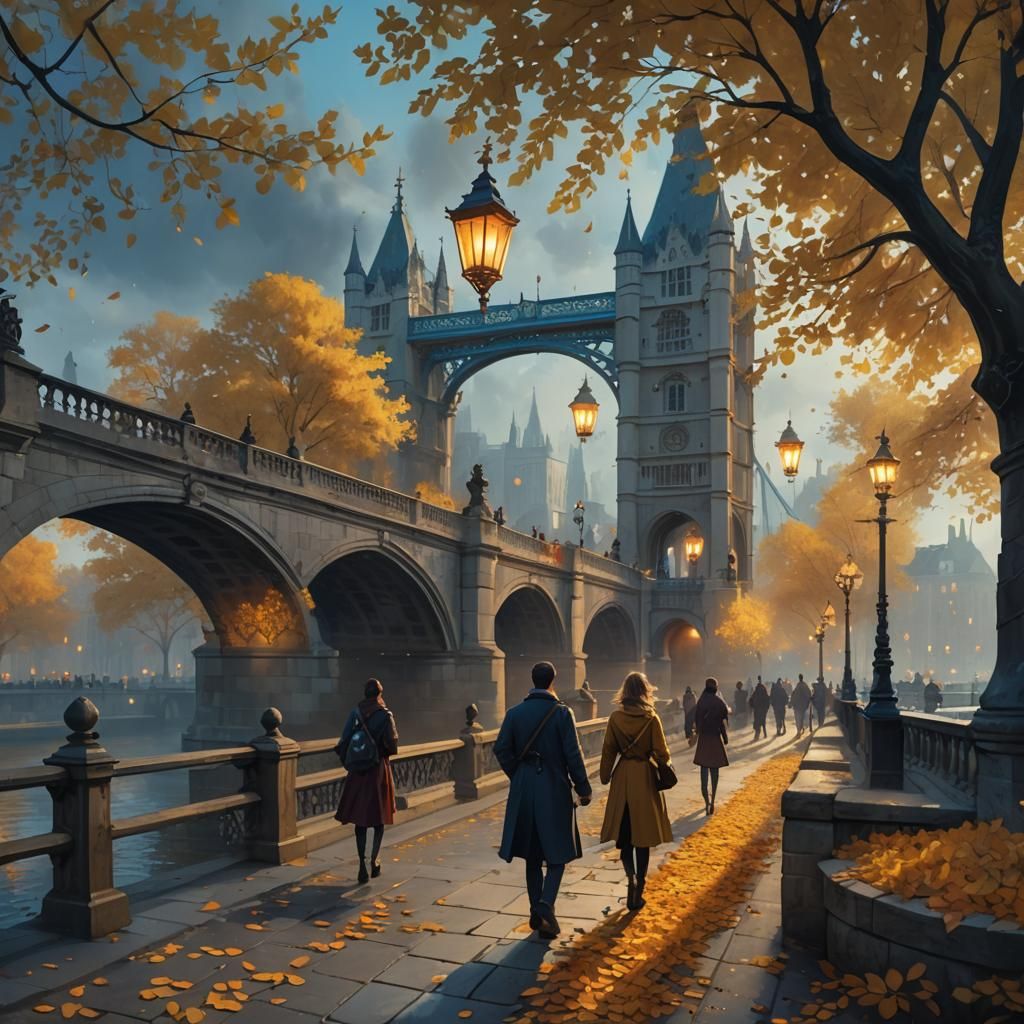 Autumn Leaves on London Bridge: Fantasy Oil Painting