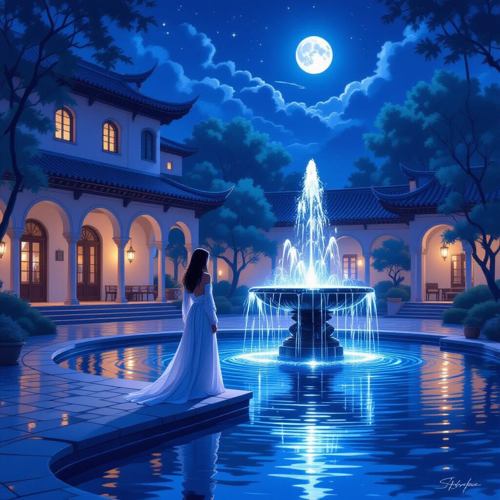 Moonlit Woman at Luminous Fountain, Dreamy Style