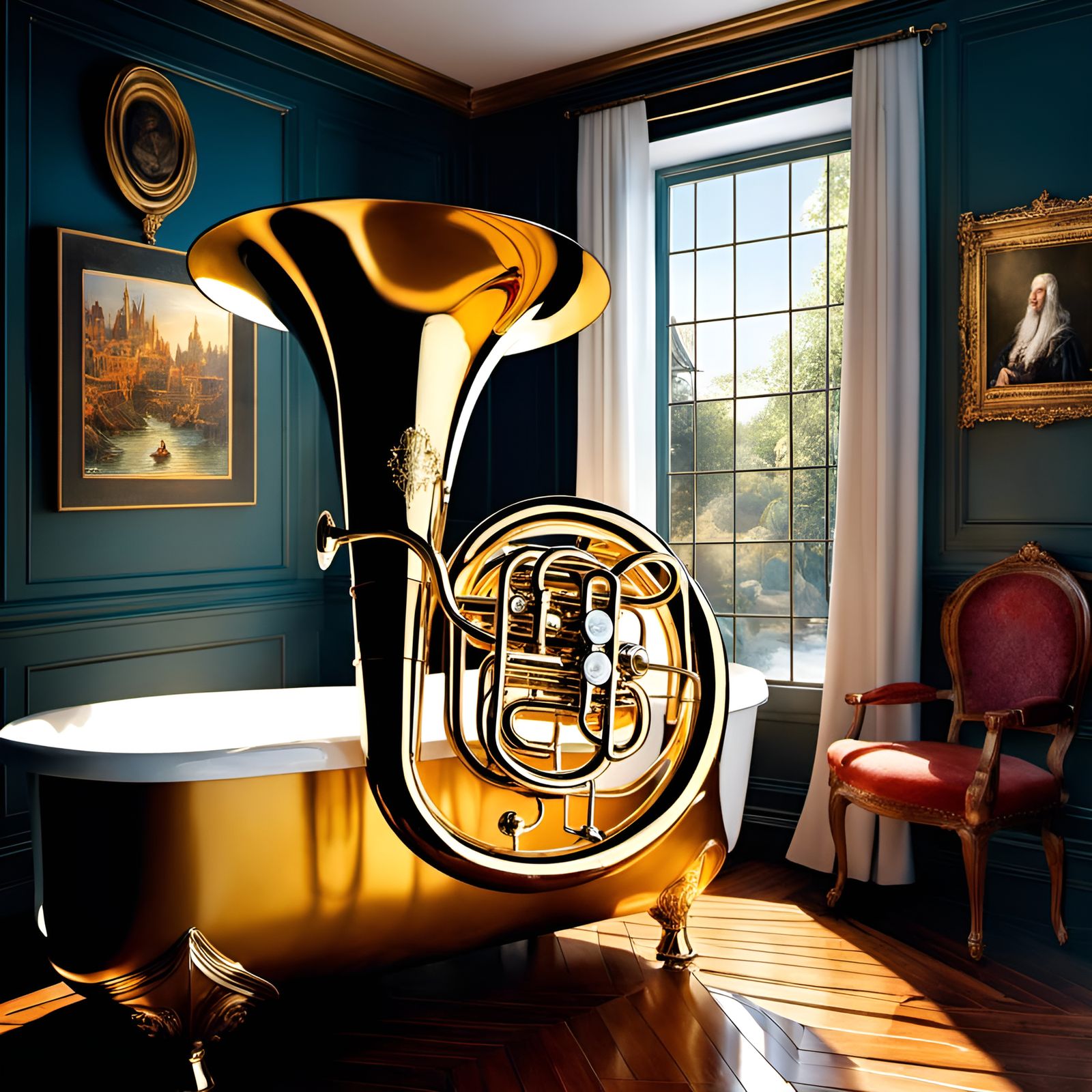 Tuba in Bathtub Portrait, Mixed Media Art