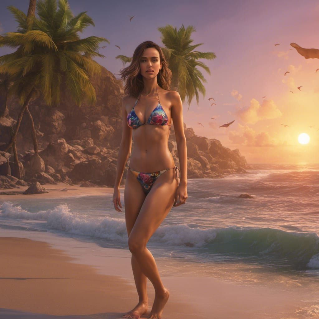 Jessica Alba in Bikini at Sunset: Hyperdetailed Concept Art