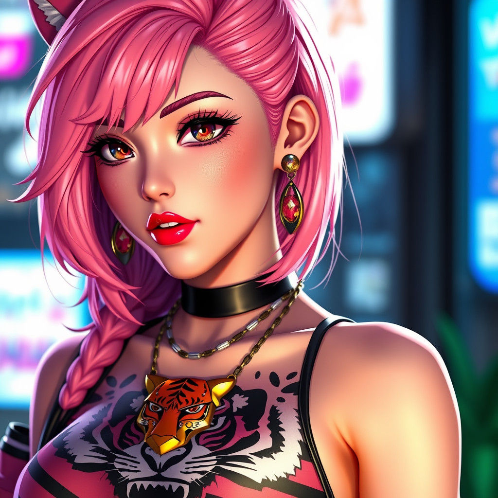 Pink-Haired Woman in Tiger Outfit: 3D Anime Art