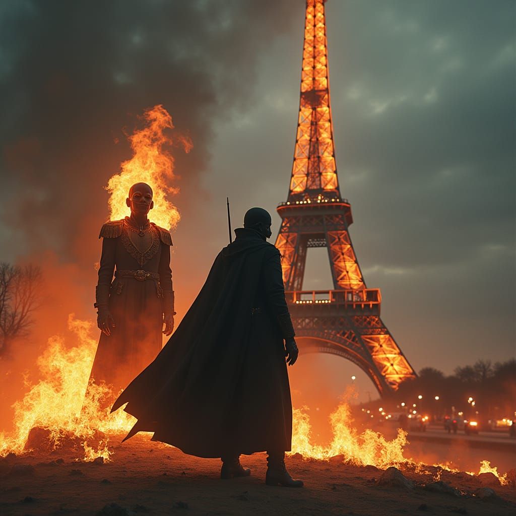 Vendetta Figure Burns Effigy Before Eiffel Tower