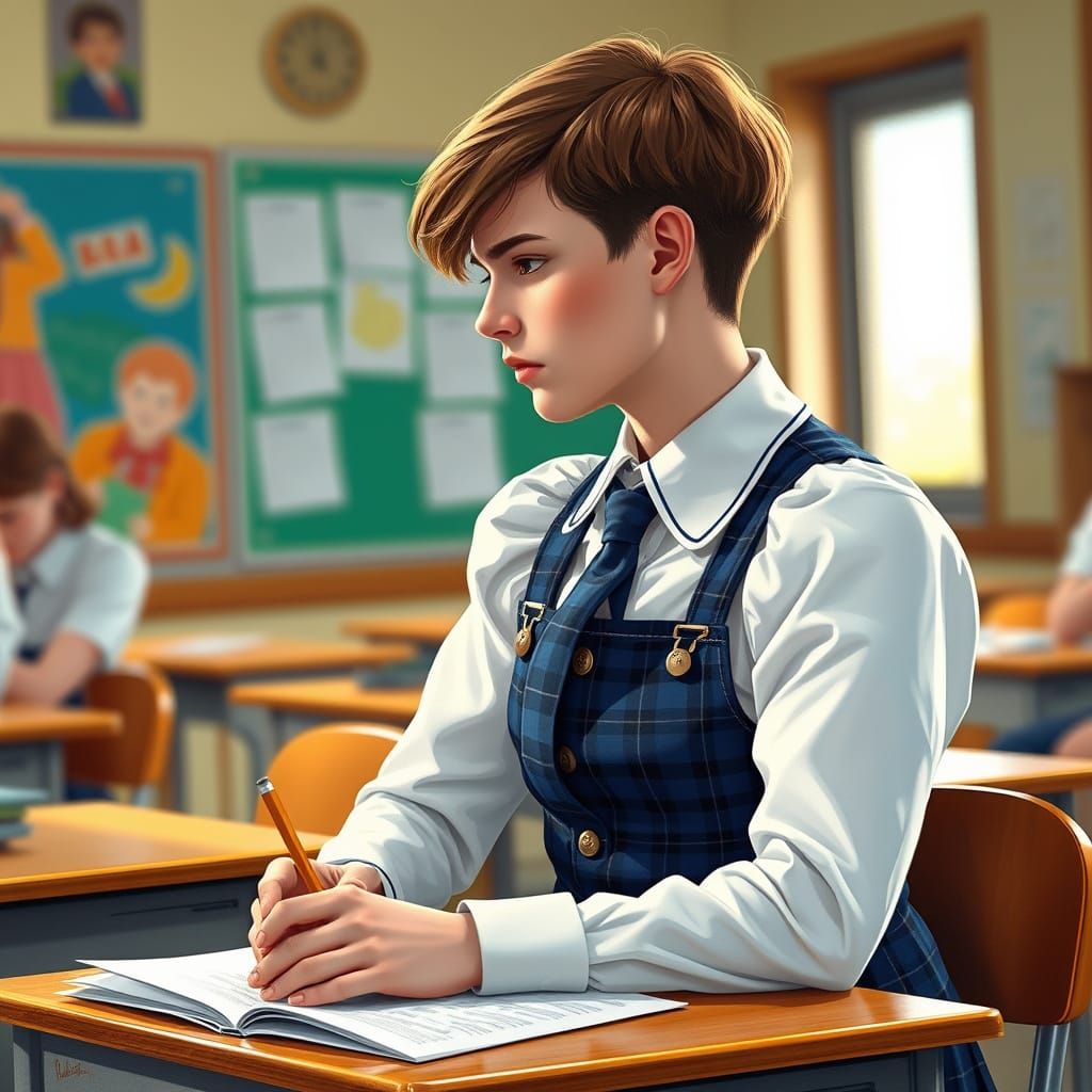 Charming Young Man in Blue Schoolgirl Uniform