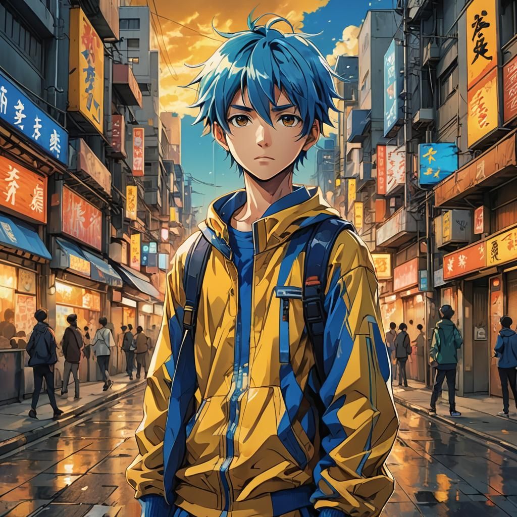 Heroic Manga Boy in Vibrant Anime Poster