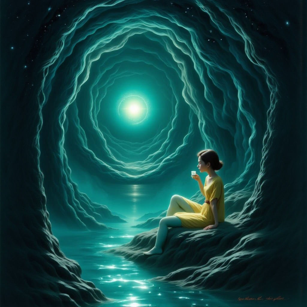 Morning coffee, a teal surreal woman