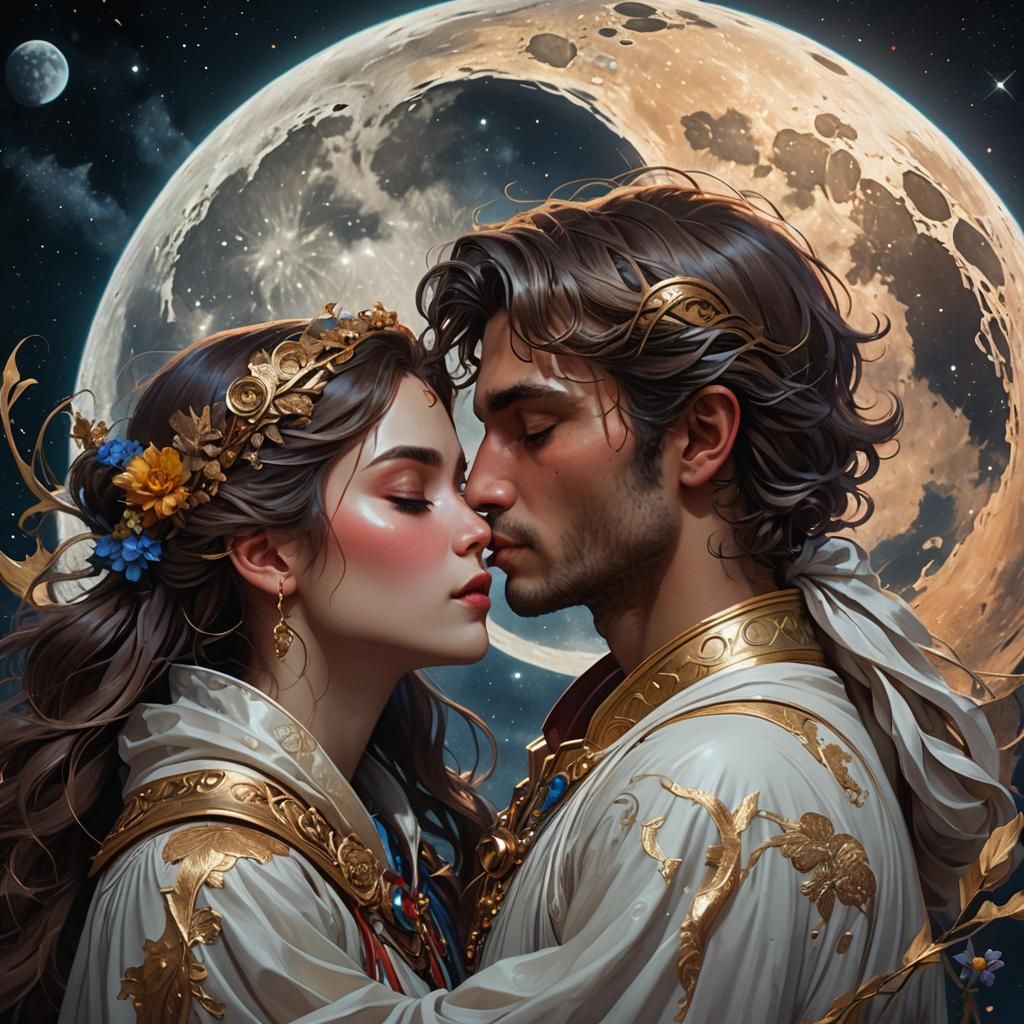 Romantic Couple Kissing Under Moonlight, Detailed Portrait