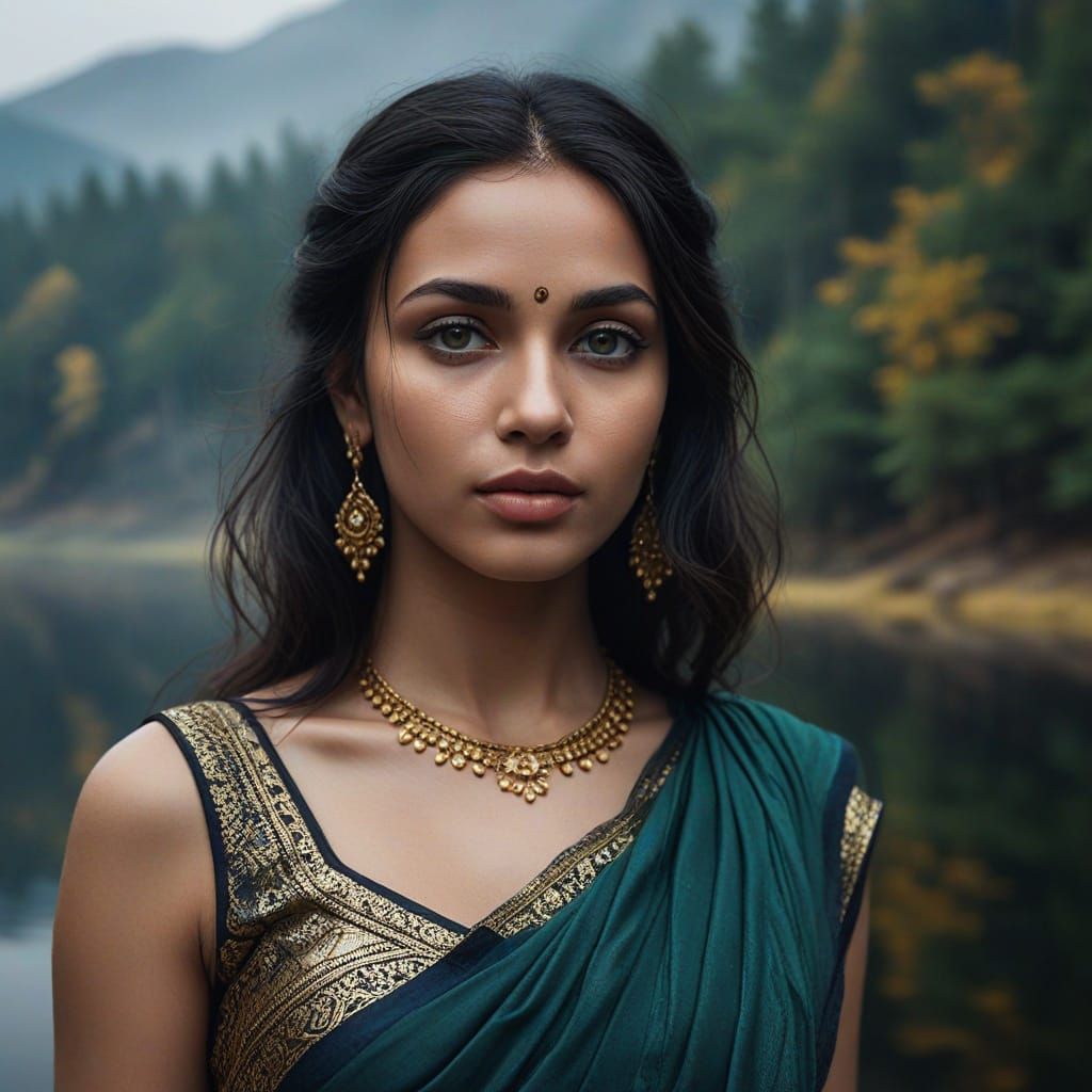 Ethereal Indian Goddess in Nighttime Lake Scene