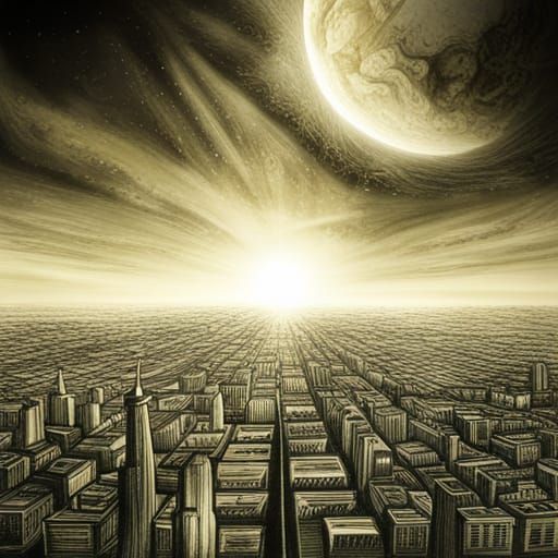 Futuristic Lunar City with Spaceships: Charcoal Drawing