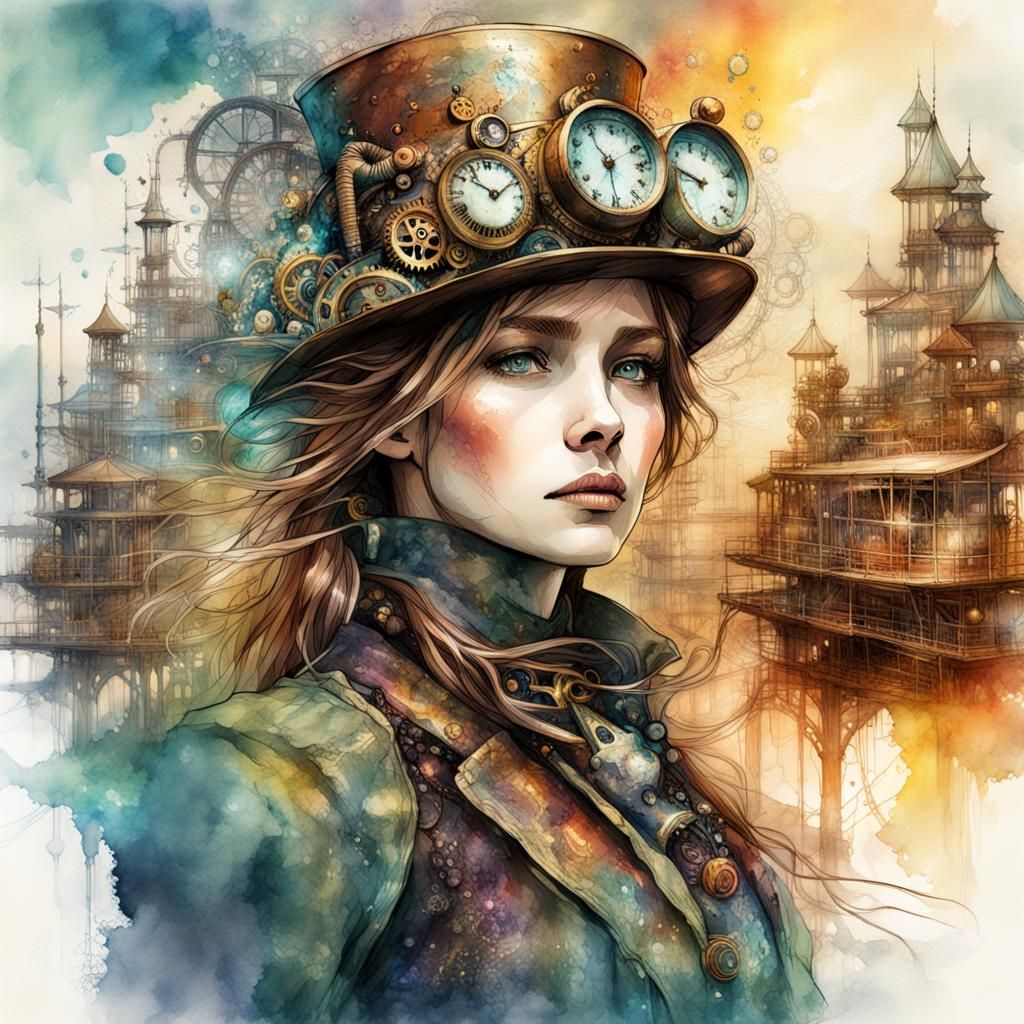 Steampunk Woman in Digital Watercolor Fantasyscape