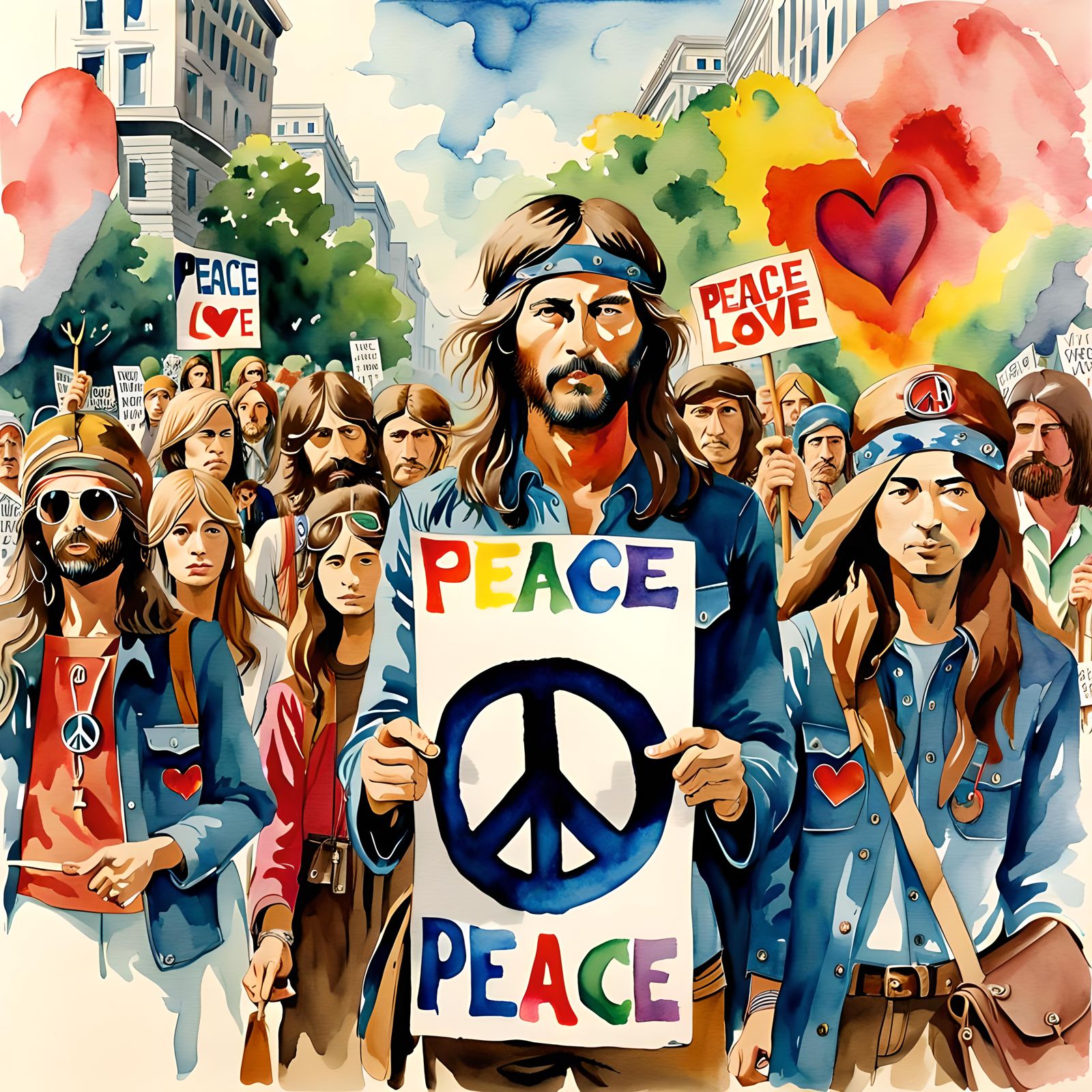 Hippies Protest Vietnam War in Watercolor Style