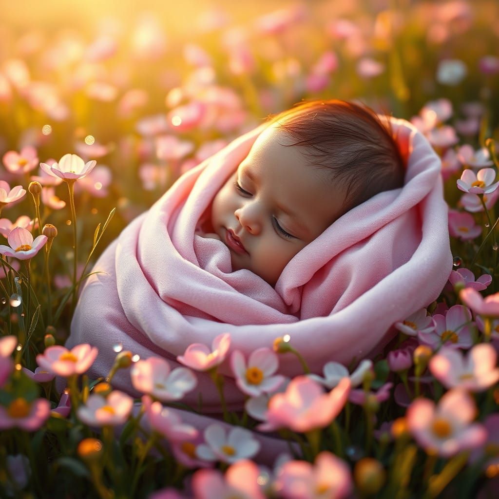 Whimsical Morning Meadow with One-Month-Old Baby