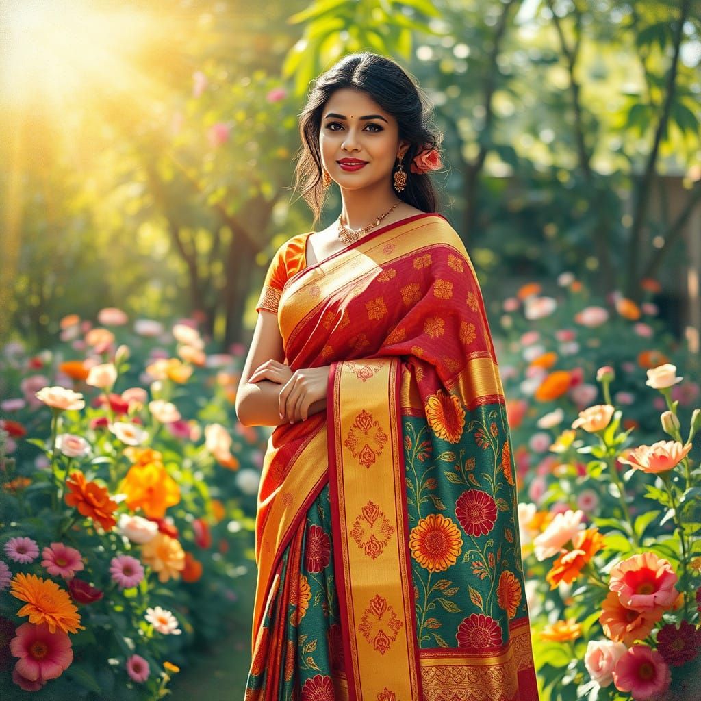 Surreal Indian Goddess in Vibrant Saree, Garden Setting, in...