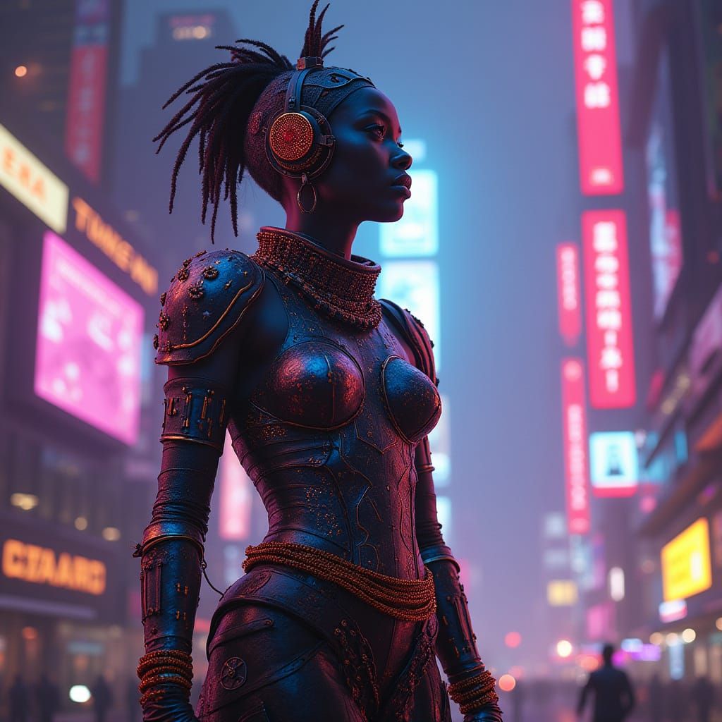 Cyberpunk African Queen in Neon Armor
