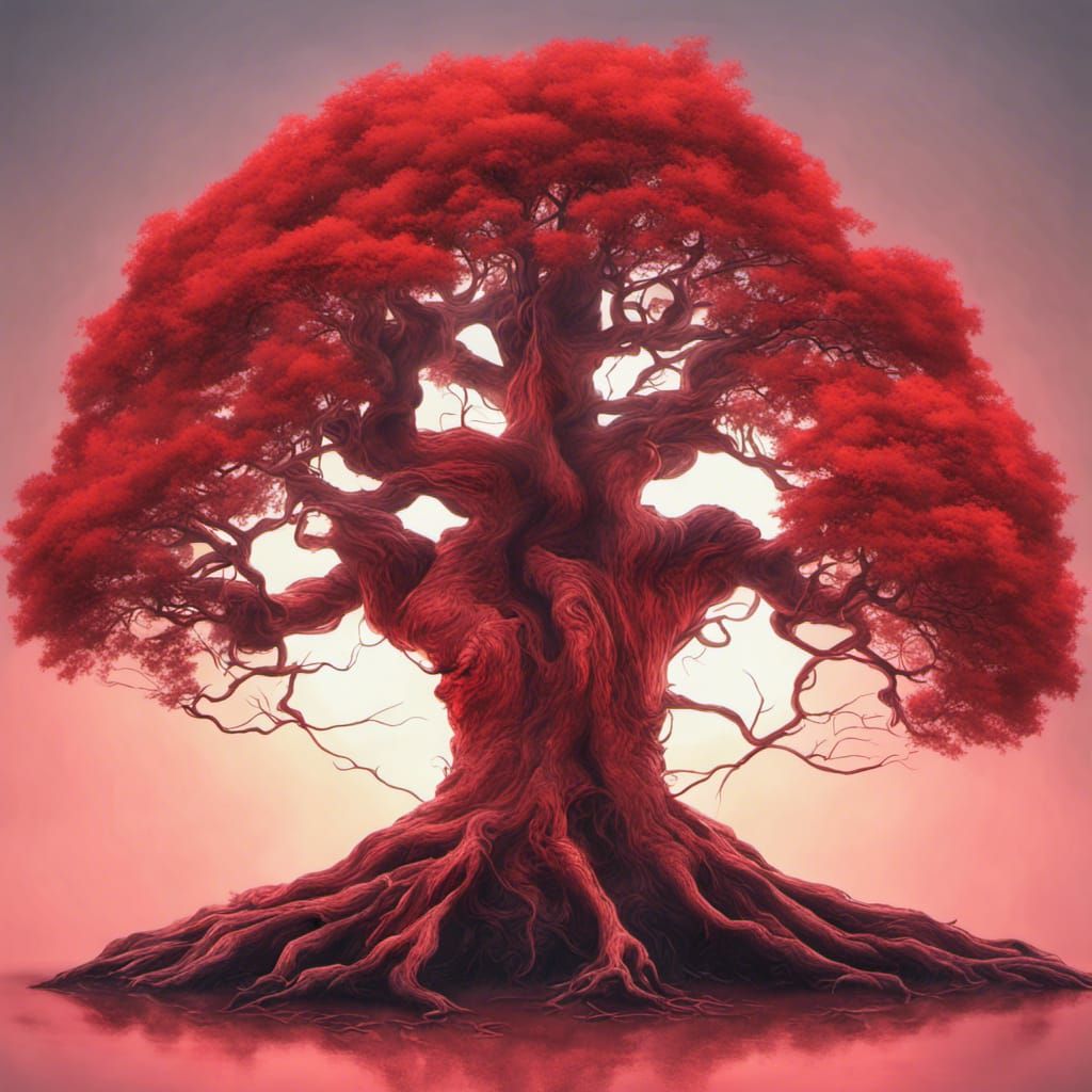 Majestic Tree with Fiery Red Roots, Hyper-Realistic Style
