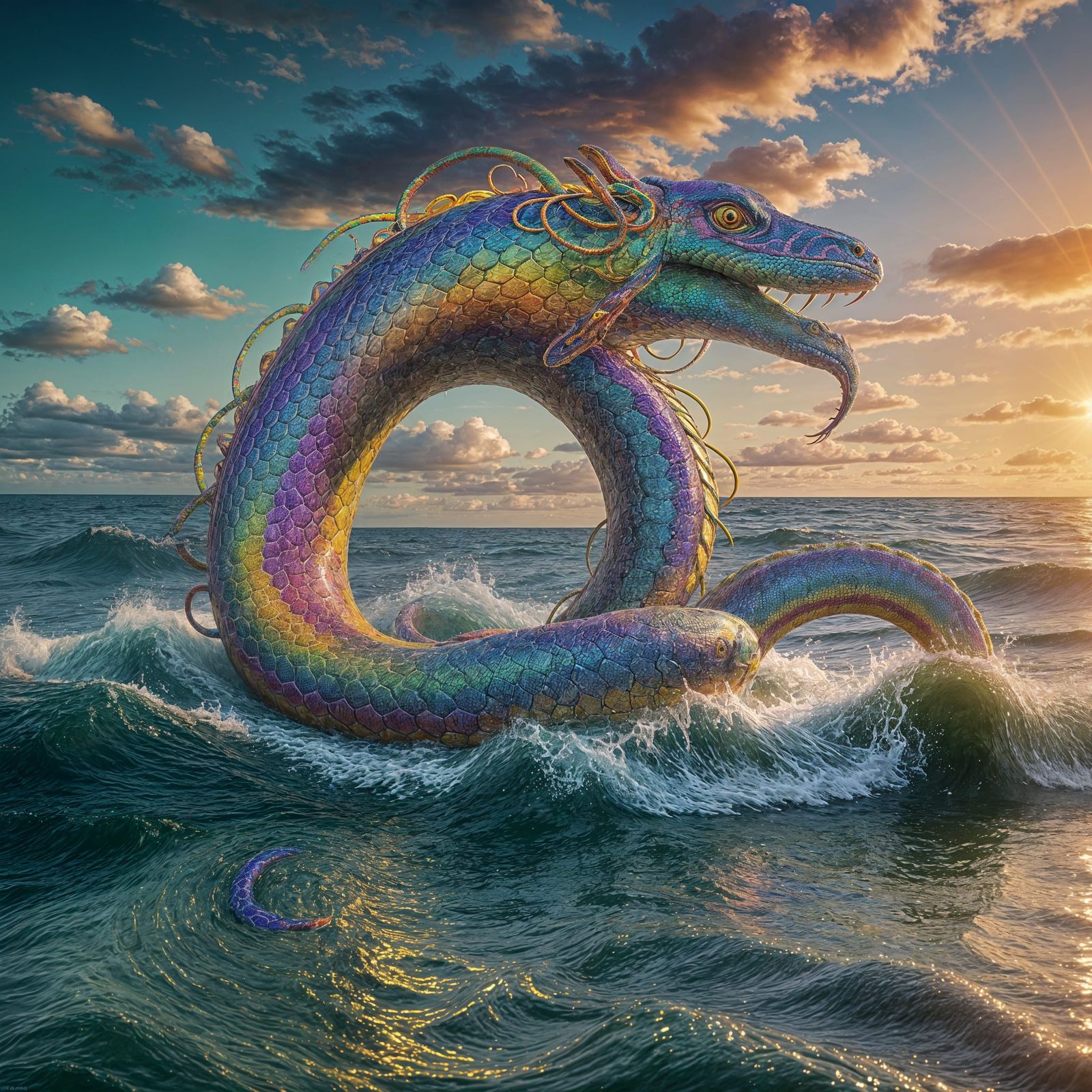 Psychedelic Rainbow Serpent Rises from the Ocean
