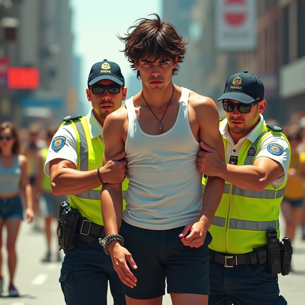 Unruly Youth Confronted by Police in a Vibrant Cityscape