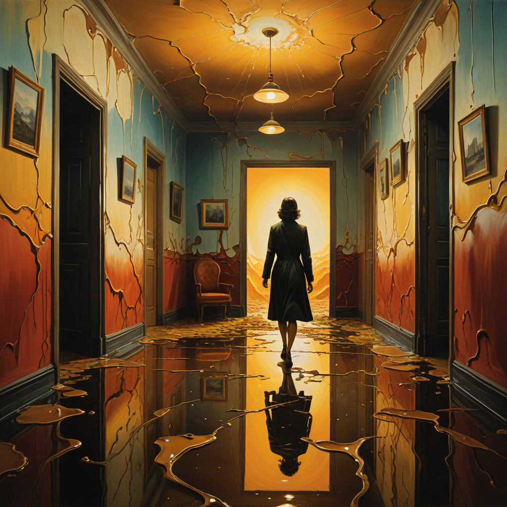 Surreal Oil Painting of Woman Walking Through Melting Office...