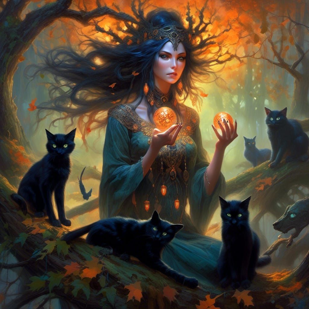 Secretive Forest Witch Communing with Tree Spirits