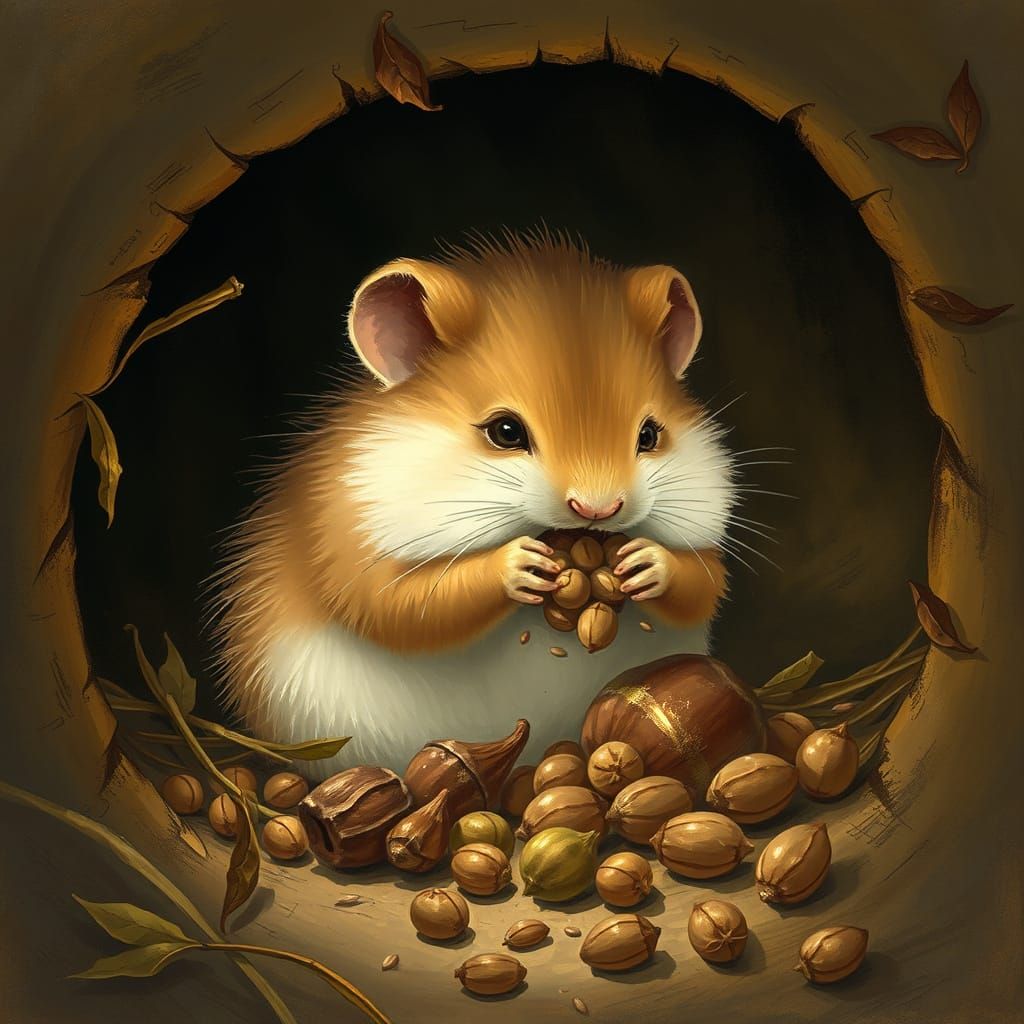 Fluffy Hamster Prepares for Winter in Cozy Burrow