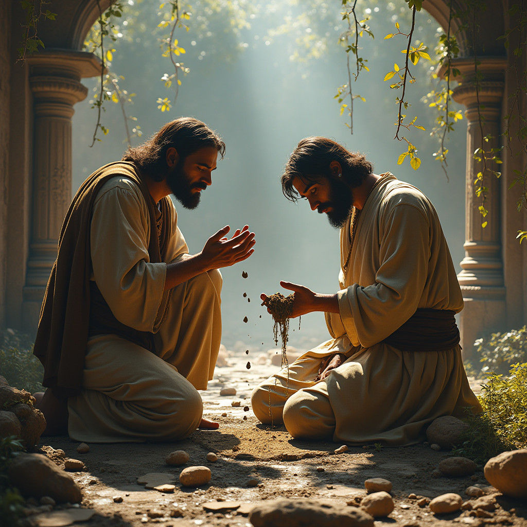 Jesus Anoints a Blind Man in Ancient Cityscape