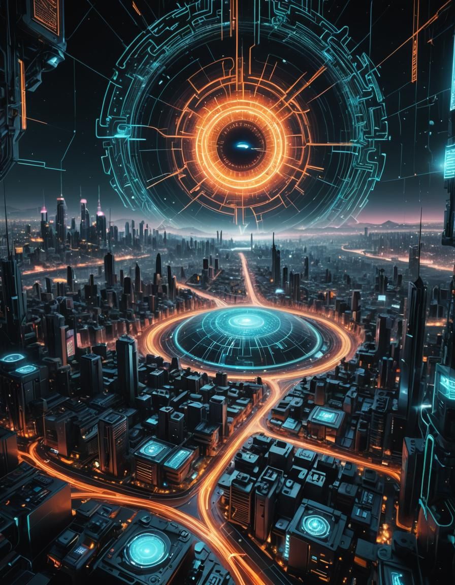 Futuristic Cyberpunk Landscape with Neon Data Streams