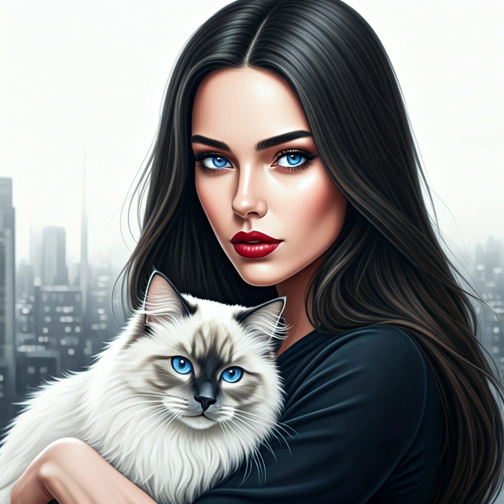 Woman with White Cat in Dreamy Illustration Style