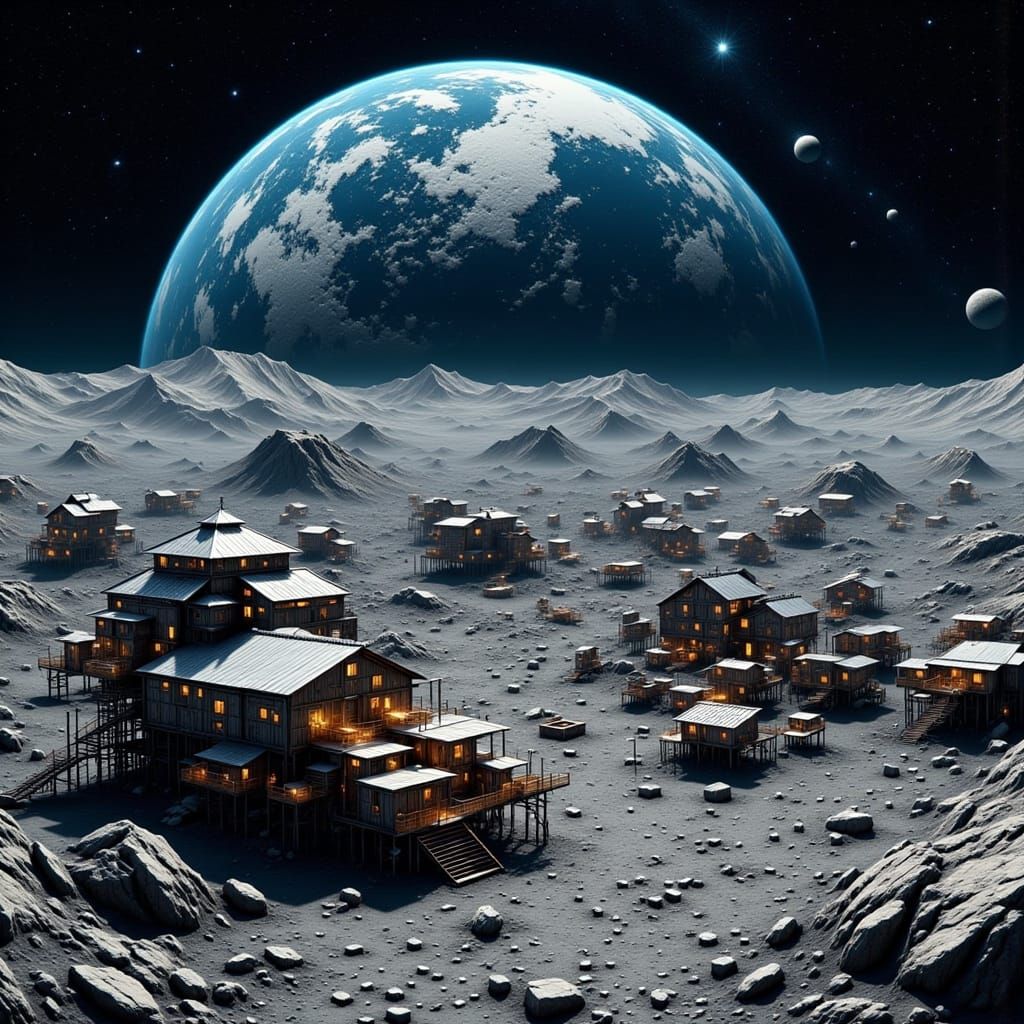 Moon Colony with Earth in Retro-Futurist Style