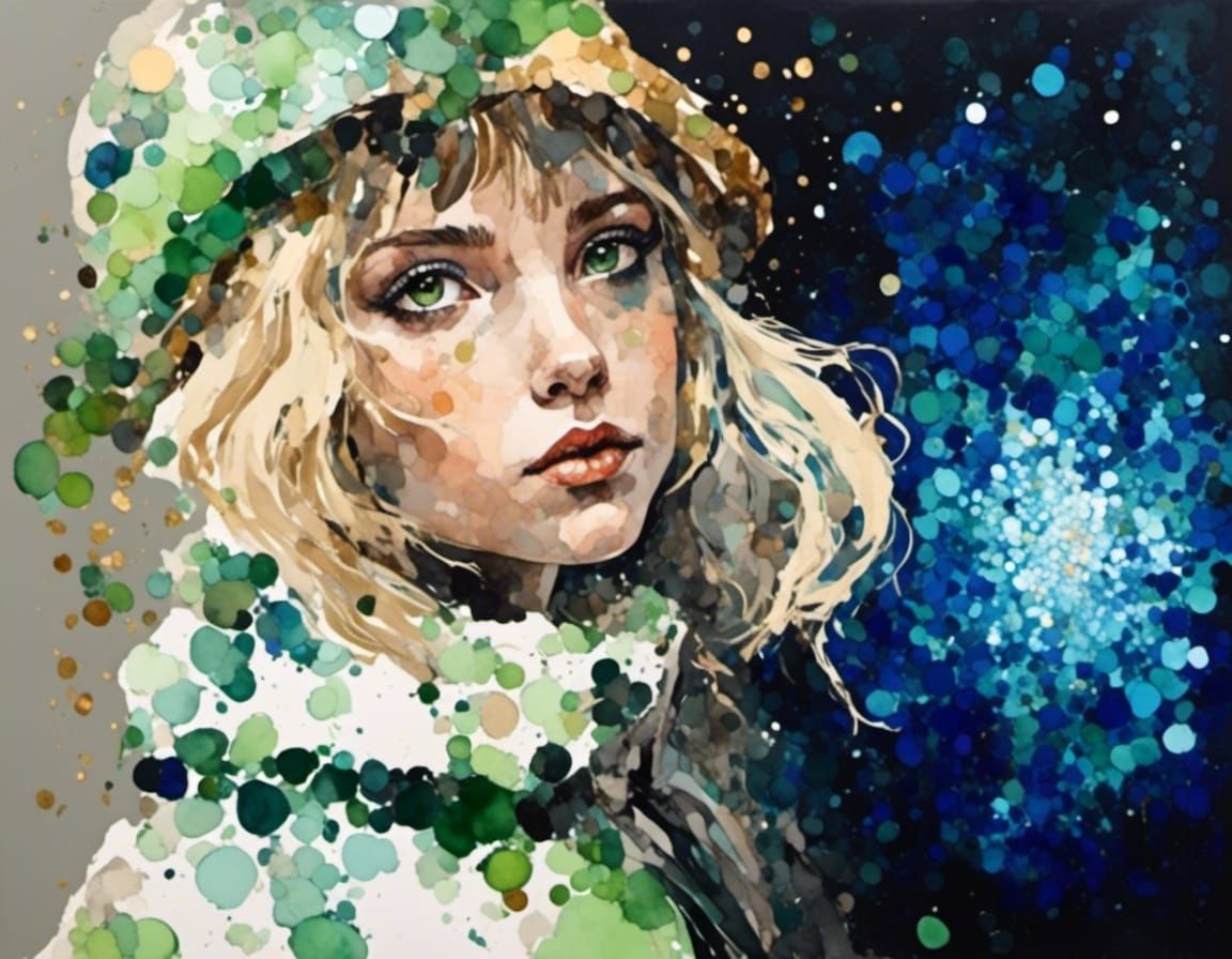 Sparkling Watercolor Portrait with Green Eyes