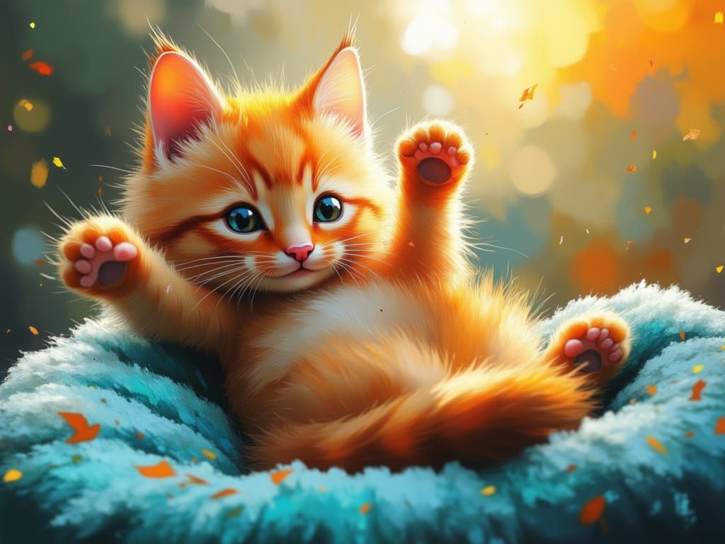 Playful Ginger Kitten Stretching on Aqua Blanket