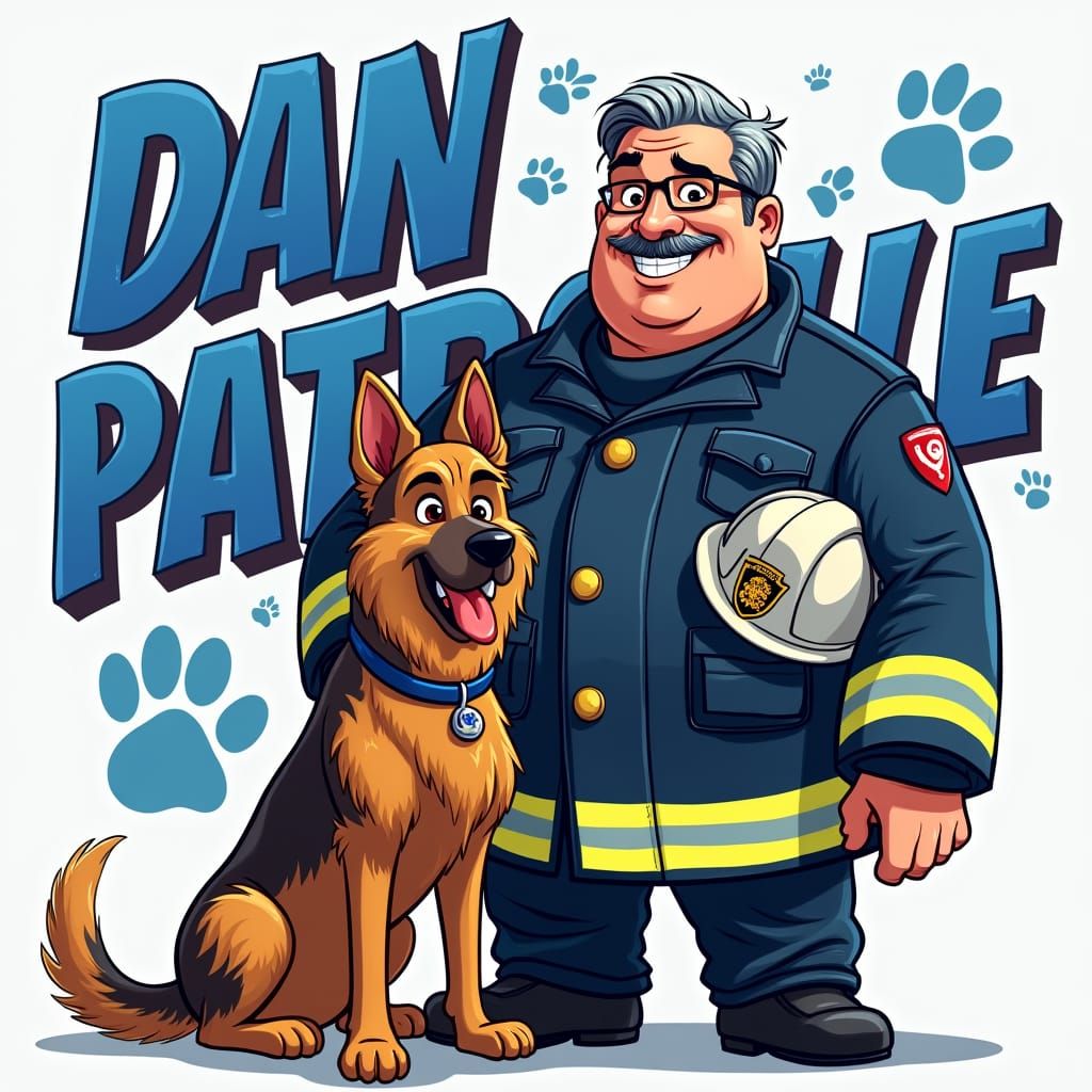 Fire Chief and Loyal German Shepherd in Comic Book Style